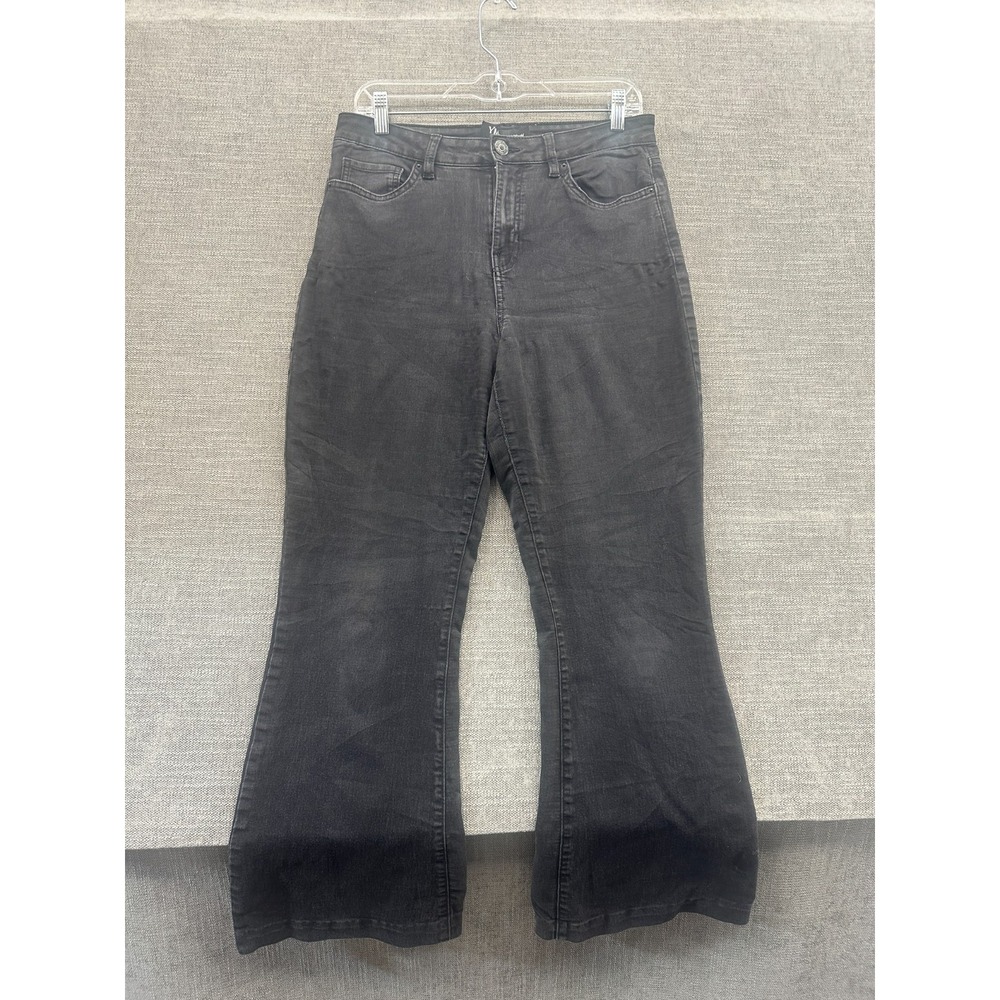 YMI Hyper Denim Flare Jeans Womens Large Black Stretch Cotton Mid Rise Dark Wash